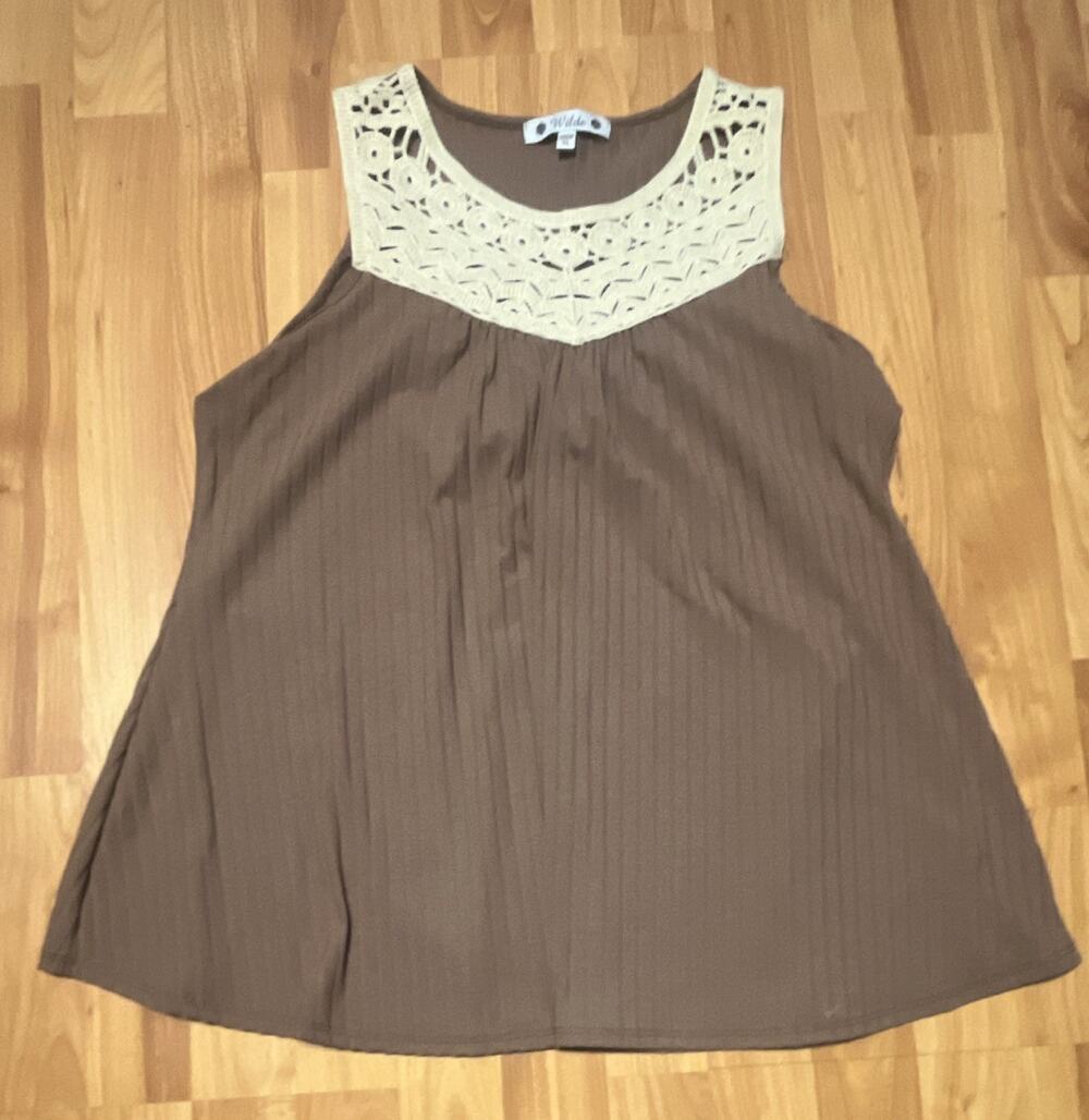 Wilde Women's XL Tank Top Brown/Beige Crochet Yoke Sleeveless Scoop Neck